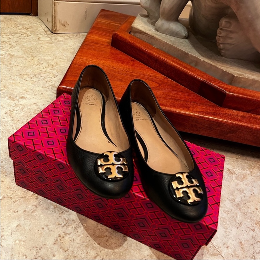 Tory Burch Black Flats with Gold Logo